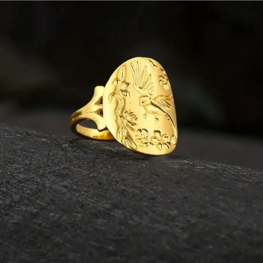 Unisex 18kt Gold Plated Bird And Flower Ring sz 11